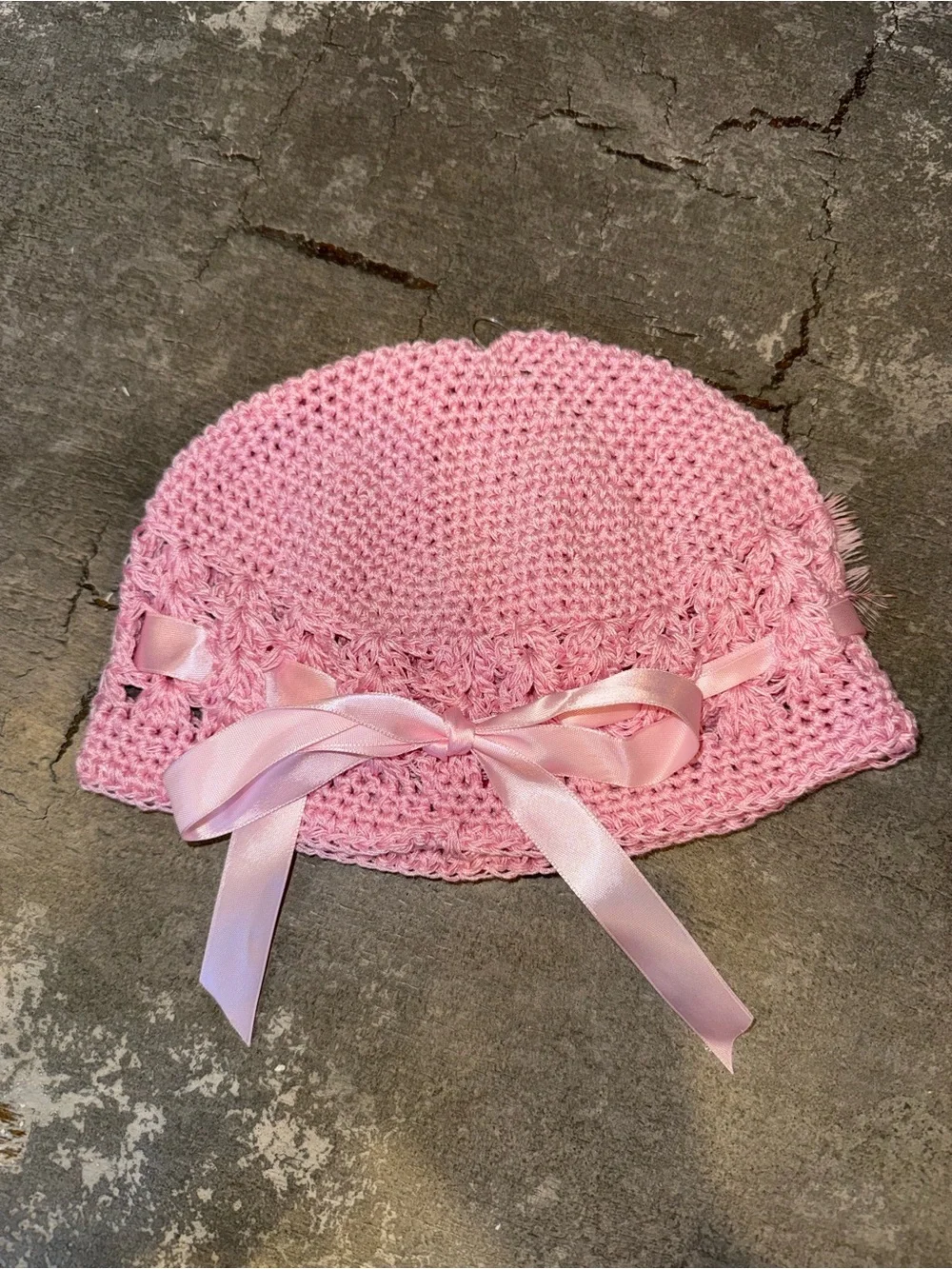 Pink Floral Crochet Baby Hat with Feather Accent